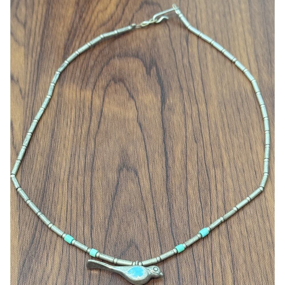 Vintage Sterling Silver Turquoise Bird Necklace 15” 925 Southwestern Native